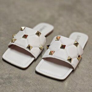 White Studded Slide Sandals With Quilted Strap Design Square Toe Womens